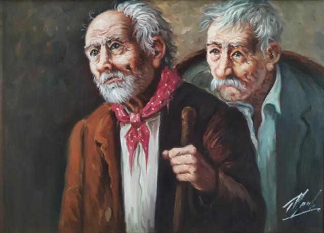 Porträt von zwei Alten Männern Italienisch Realist Ölbild Gemälde signiert