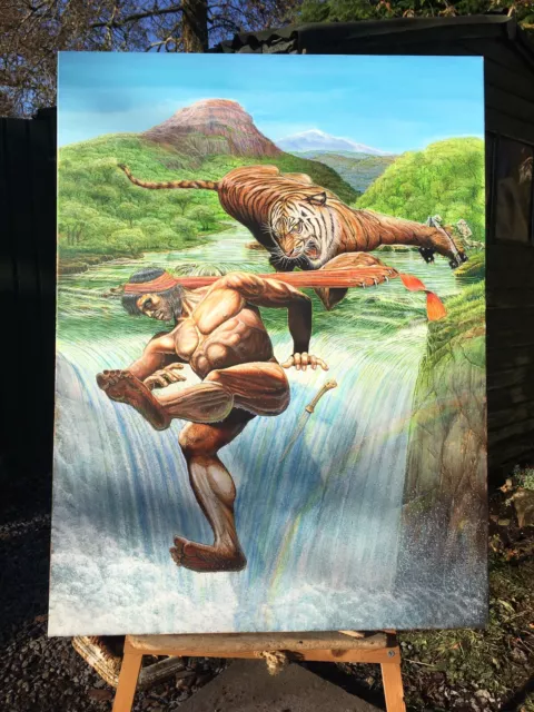 Large Acrylic Canvas Painting Tiger Escape Nude Man Fantasy Waterfall Scene