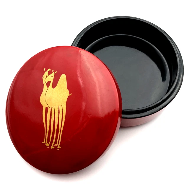 Vtg Red Lacquer Ware Wood Round Box & Lid Gold Camels Mid Century Black Interior