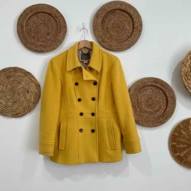 Vintage J. Crew Yellow Preppy Collared Button Wool Winter Pea Coat Jacket 14