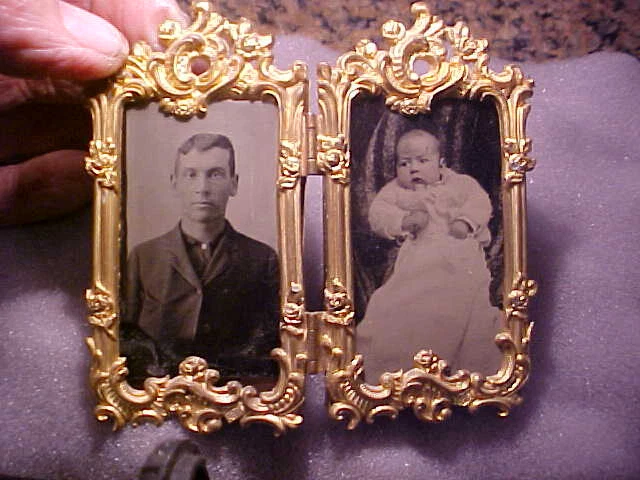 Onate Antique Brass Small Folding Picture Frame With two Tin Types -Early 1900's