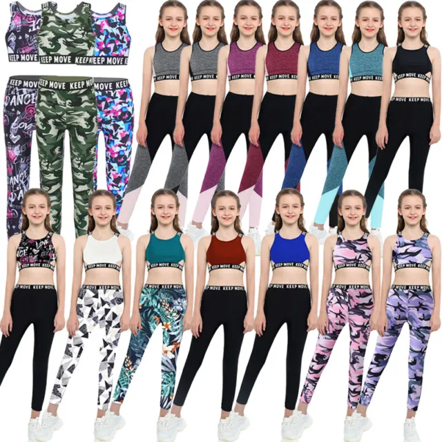 Kids Girls Athletic Dance Suit 2 Pieces Tracksuit Tank Top Gymnasctic Leggings