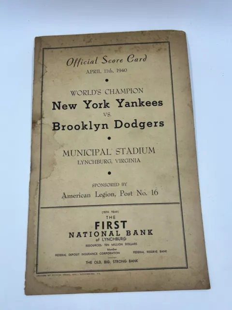 Brooklyn Dodgers Vs NY Yankees 1st  Game In Municipal Stadium Lynchburg VA 1940