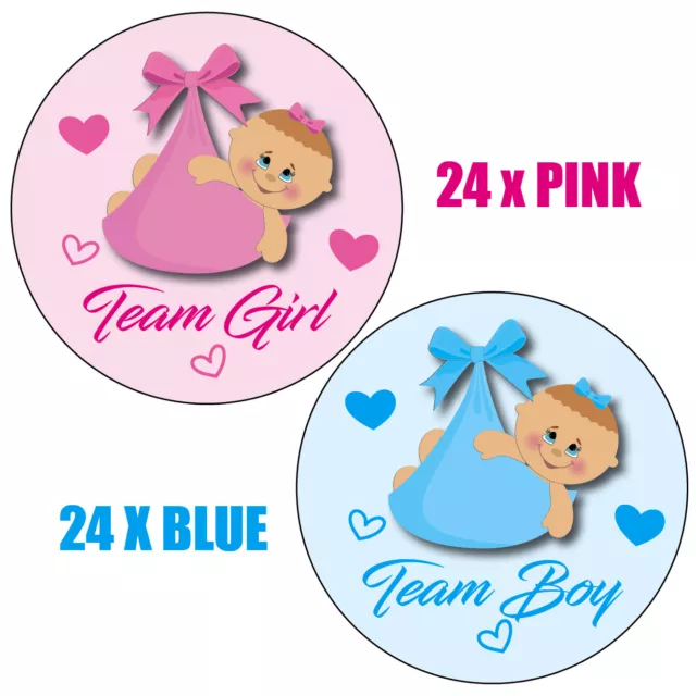 48 x GENDER REVEAL PARTY Babyparty, 24x Team Girl 24 x Team Boy Aufkleber 021