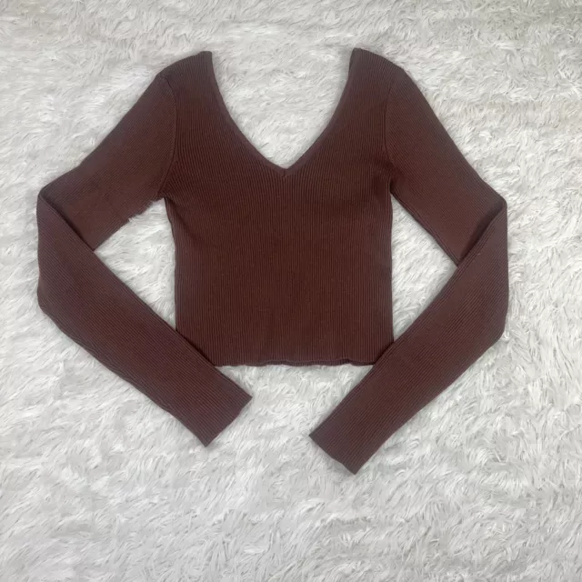 Forever 21 LONG SLEEVE FRONT Cropped Long Sleeve Knit TOP V Neck Brown Size M