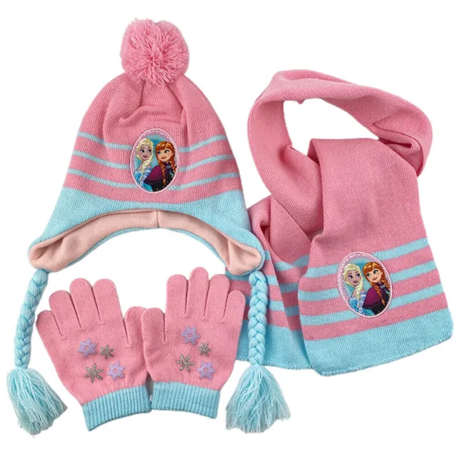 Kids Girls Winter Hat Scarf Gloves Set Elsa Anna Beanie Scarces Hand Warmer