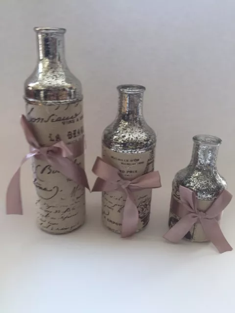 Vintage Set of 3 decorative glass bottles Paris France Theme Pink Bows Decorated