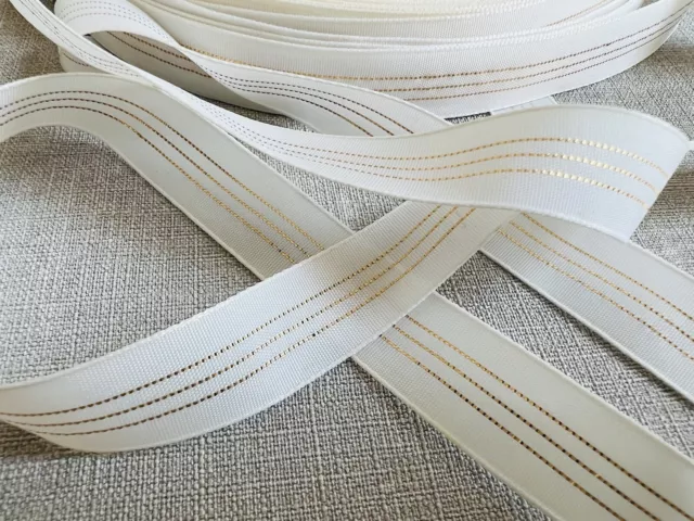 3m Vintage Ribbon 15mm White Gold Lurex Metallic Stripe Sewing Trim Woven Edge