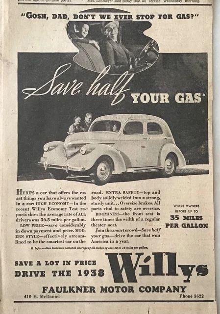 1937 newspaper ad for Willys - Save half your gas, Drive the 1938 Willys
