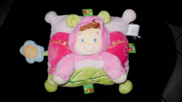 doudou peluche coussin garçon papillon rose vert + fleur NICOTOY