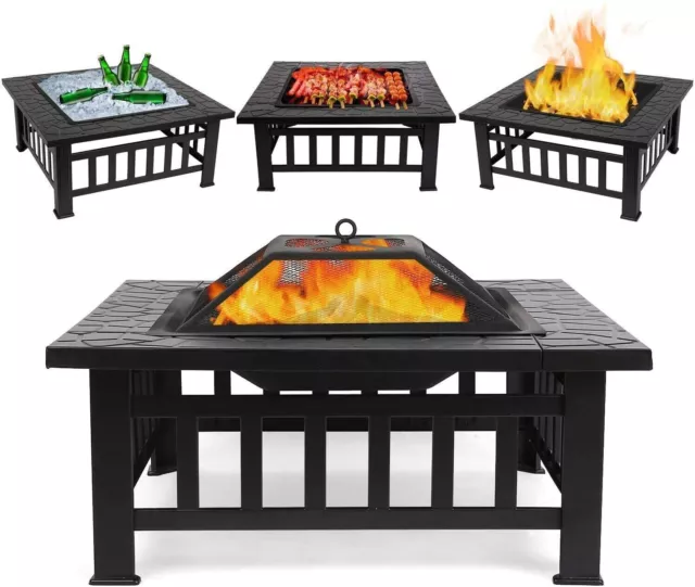 Bbq Fire Pit Square Outdoor Garden Patio Heater Brazier Grill Firepit Bowl Stove