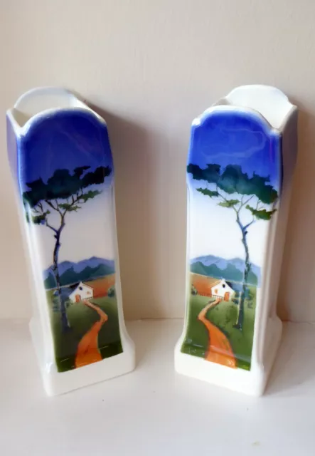 Vintage Pair of Hand Painted Ceramic Vases Marked Foreign