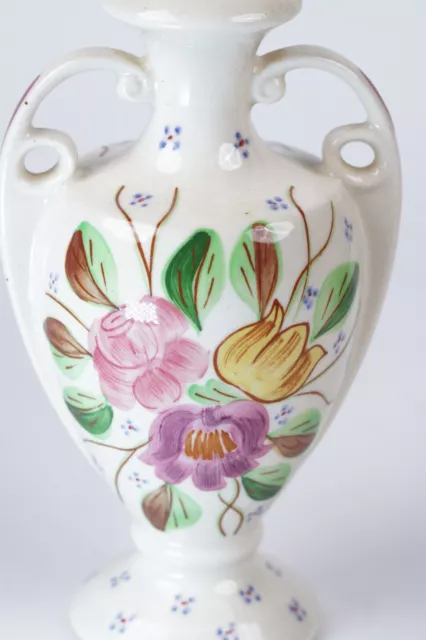 Vintage Porcelain Hand Painted Flower Handled Amphora Vase Pottery 8"