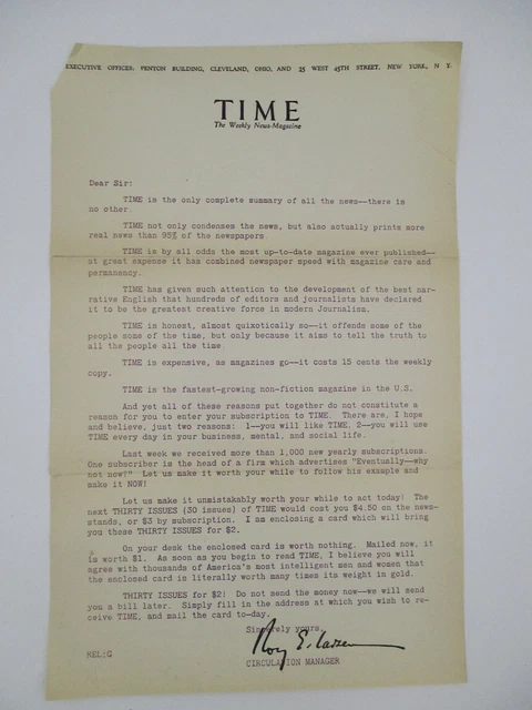 VINTAGE TIME MAGAZINE Solicitation Letter ON TIME LETTERHEAD 