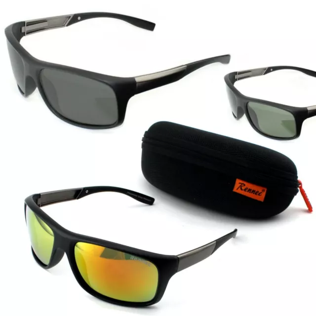 Rennec Polarisierte Sonnenbrille Bikerbrille Sport Brille Schwarz Matt BOX P27