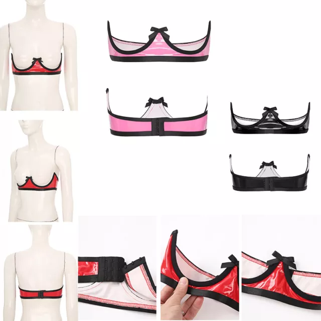 Women Vinyl PVC Leather Wet Look 1/4 Cup Bra Top Micro Thong Bikini  Lingerie Set