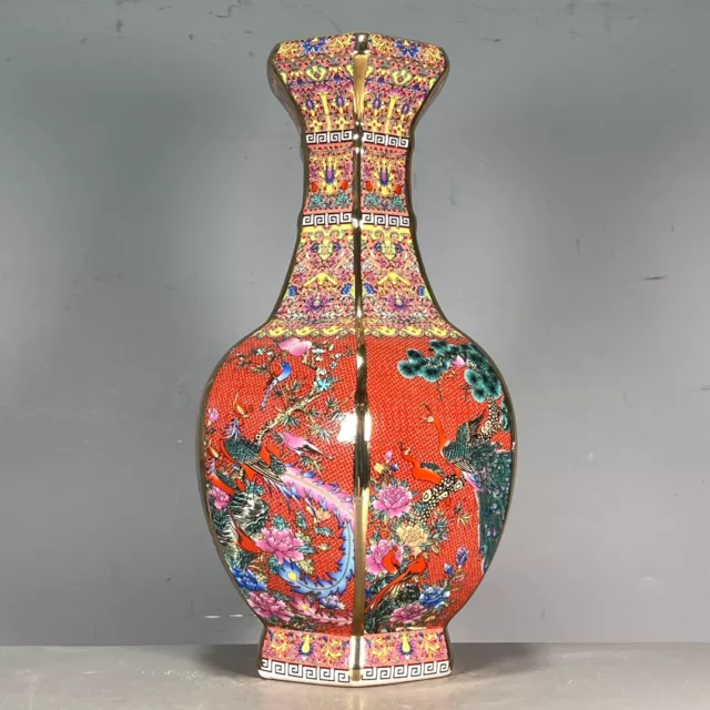 9.6″Excellent red Enamel color Porcelain painted Phoenix flower bottle gilt vase