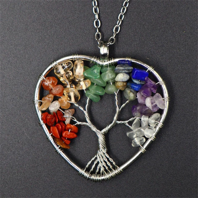 7 Chakra Natural Stone Crystal Tree of Life Heart Pendant Reiki Healing Necklace