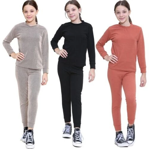 Bambine Top a Costine E Fondo Tuta Lounge Abbigliamento Maniche Lunghe Vestito