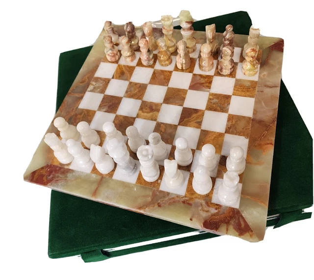 Chess Set Marble Onyx with Velvet Gift Case 12x12 in. Brown/White Handmade NEW