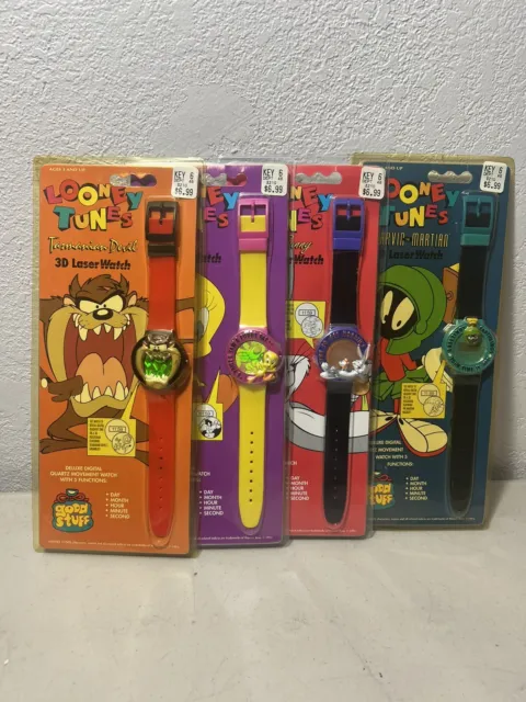 VINTAGE 4 LOT SET OF 1993 LOONEY TUNES  3D Laser Watches NIP