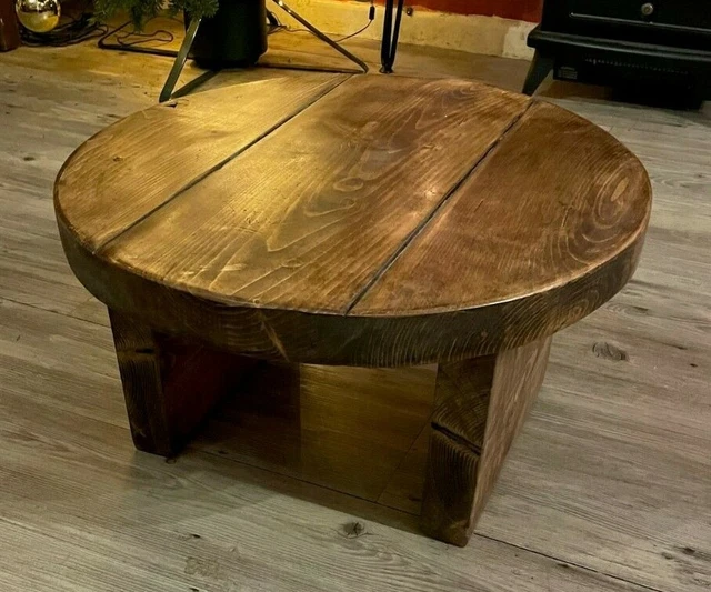 RUSTIC INDUSTRIAL ROUND Coffee Table Solid Wood farmhouse style £95.99