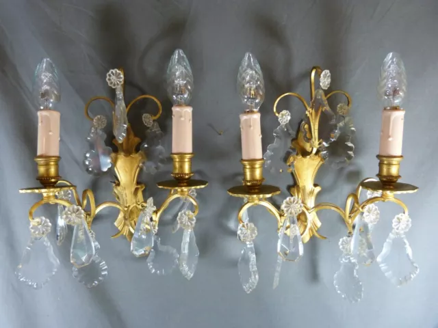 Pair of French wall sconces with glass pendants in gilded bronze Art Deco ⭐