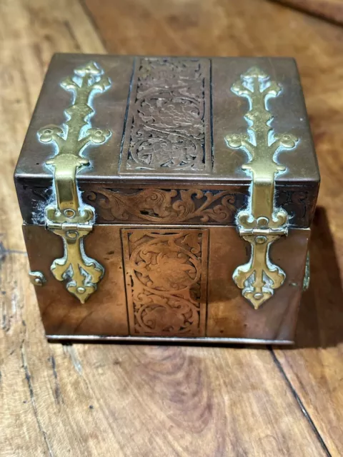 Antique Arts & Crafts Copper & Brass Box/Caddy 10cm X 8.5x 8.5 Stamped.