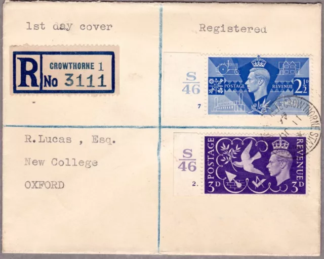 Kgvi Registered Fdc 11 Ju 1946 Victory Issues To Oxford Crowthorne Station Cds