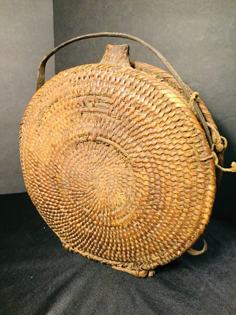 Antique Woven Reed Apache Canteen w Spout Native American Water Carrier Artifact