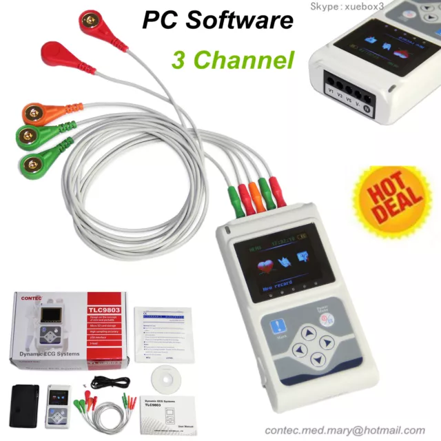 Dynamic 3 Channel ECG Holter EKG System Portable ECG Monitor+ Software 24 Hours