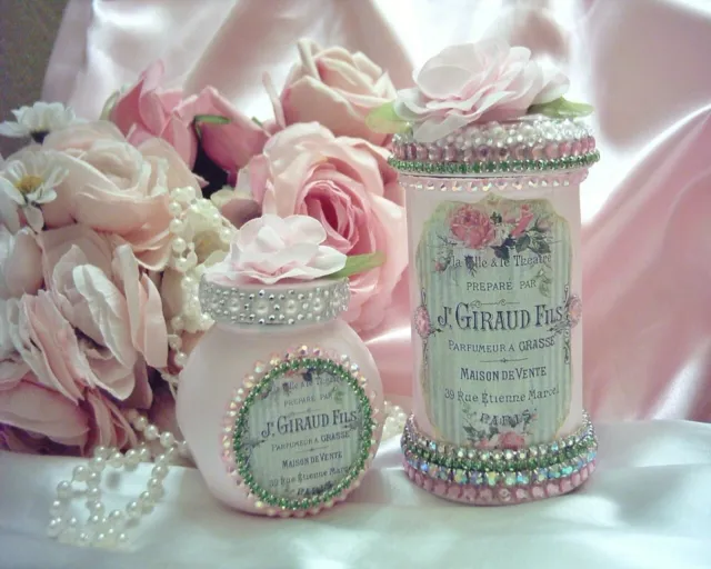 Shabby Chic Victorian~Vanity Storage Jars~French Inspired Label~PINK~Jewels~OOAK