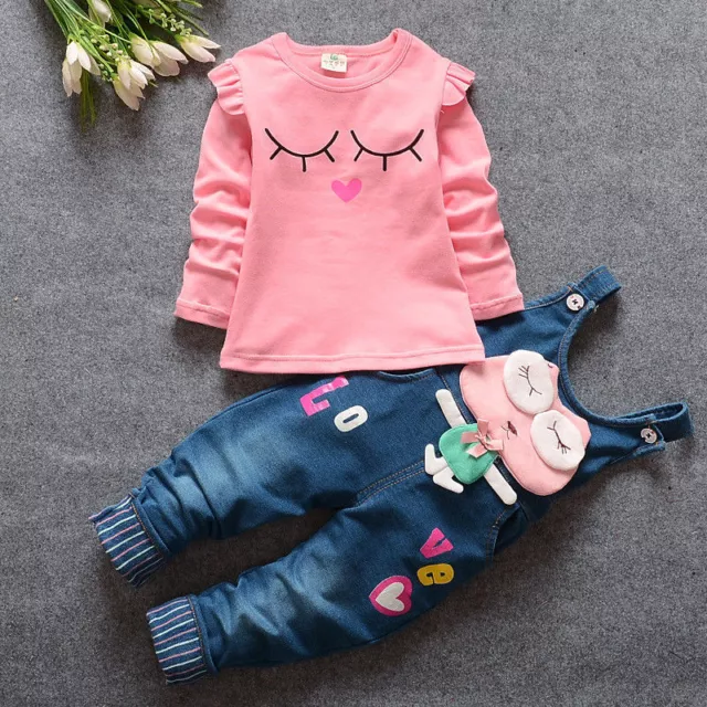 Baby Girls Cartoon Outfits Toddler Clothing Sets For Kids Girls Tops+Bib Jeans