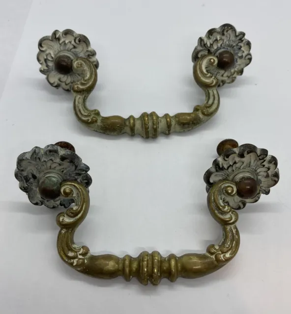 2  MATCHING Antique BRASS / Bronze DRAWER PULLS 3” Centers KBC K2217