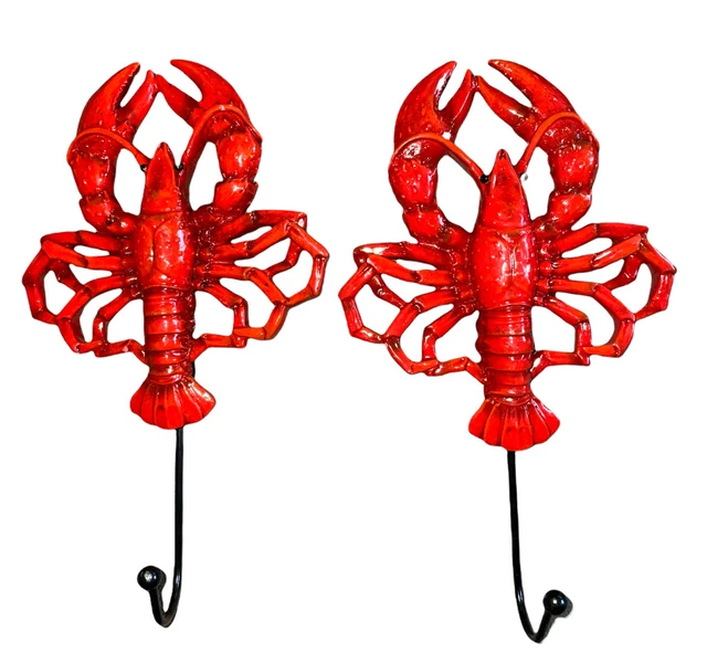Pair Of Red Lobster  Marine Wall Hook Ocean Sea Figurine Statue Coat Hook