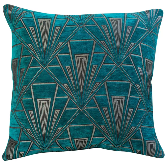 XL Art Deco Cushion. Velvet Chenille. Silver and Teal Blue Geometric Design.