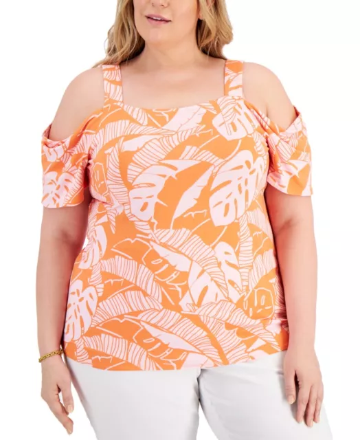 MSRP $45 Jm Collection Women Plus Size Printed Cold-Shoulder T-Shirt Size 3X