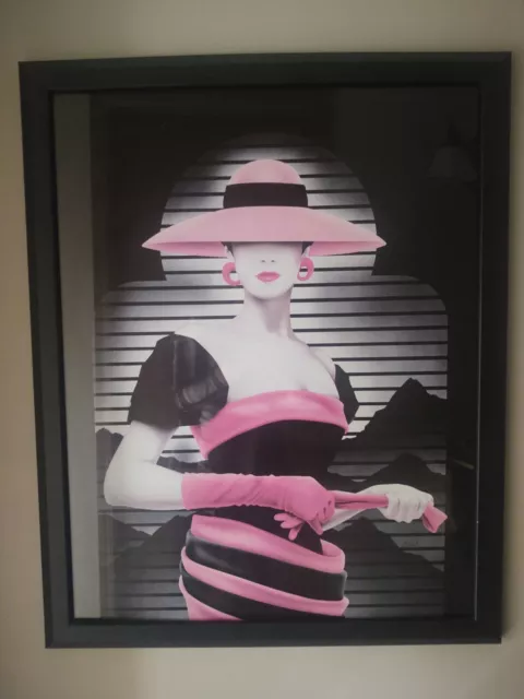 Mid-century Modern Art Deco Exotic Woman Pink Hat Print Framed