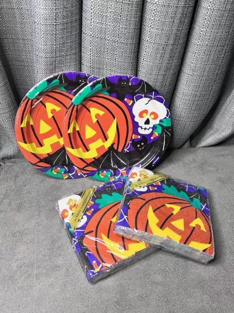 Halloween Paper Napkins Plates Pumpkin Bat Skull Jack O' Lantern VTG New