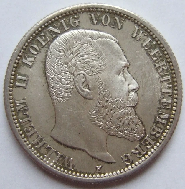Empire 2 Mark Wilhelm II King From Württemberg 1896 F IN Brillant uncirculated