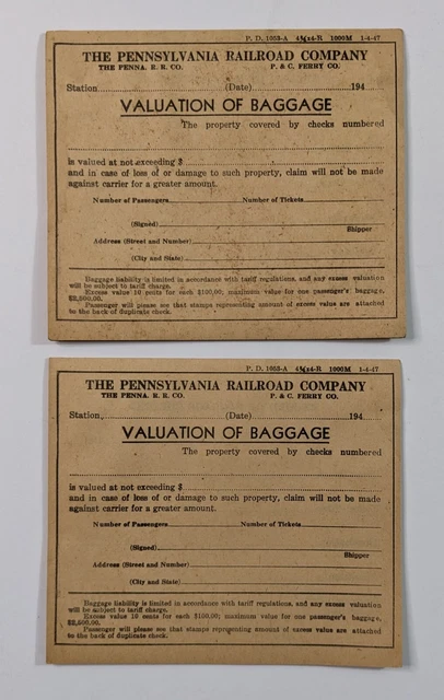Pennsylvania Railroad PRR Record of Baggage Checked Train Ticket Label Lot of 9