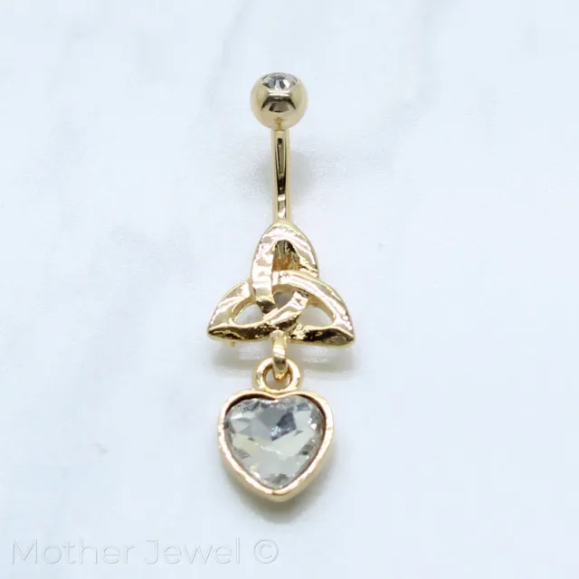 Celtic Triquetra Simulated Diamond 14K Yellow Gold Triple Plate Belly Navel Ring
