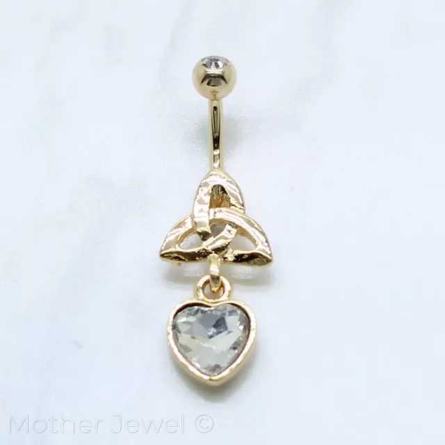 Celtic Triquetra Simulated Diamond 14K Yellow Gold Triple Plate Belly Navel Ring