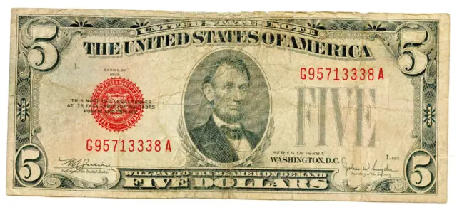 1928E $5.00 Red Seal Us Note, Printed In Boston,  Americana