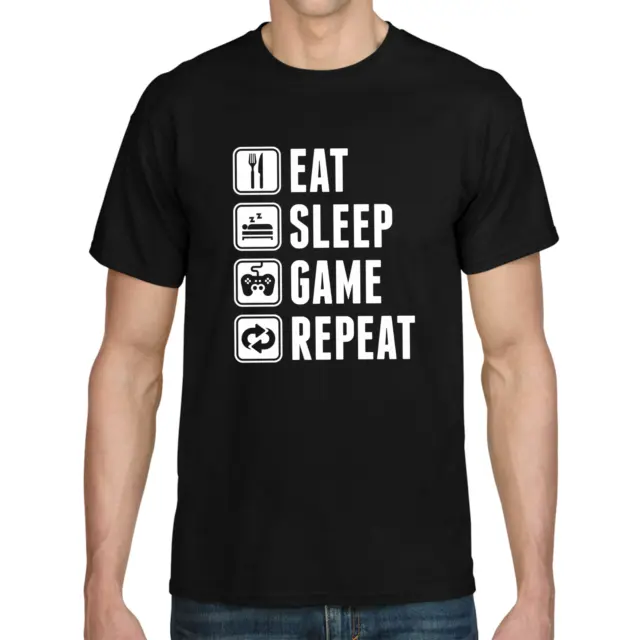 T-shirt EAT SLEEP GAME REPEAT Gamer Zocker Admin detti divertimento divertente commedia divertente