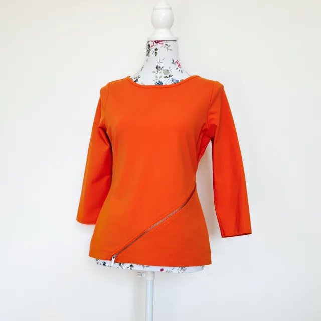 Karen Millen Womens Top Orange 3/4 Sleeve Stretch Zip Feature Size 12