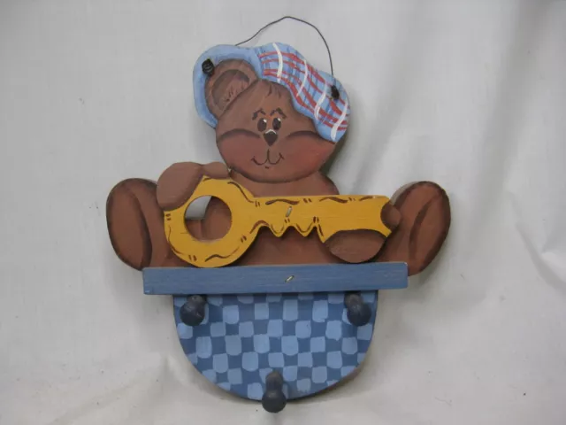 vintage hand crafted painted bear detailed key hook hanger wall decor