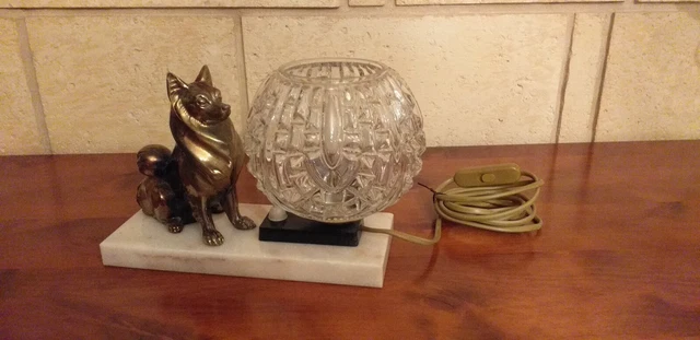 Ancienne Lampe De Chevet/ Veilleuse  Bronze - Chien En Bronze - Socle En Marbre