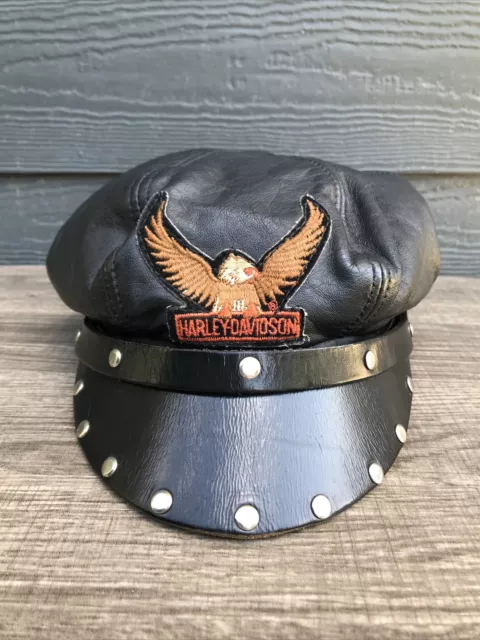 Vintage Harley Davidson Motorcycles Black Leather Bikers Hat Choppper 7 1/8