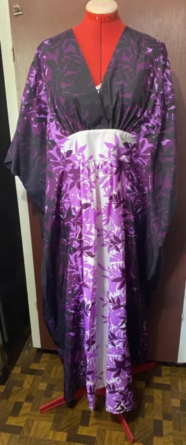 Vtg Tropical Eve Hawaii Maxi Aloha Dress Kaftan Muumuu One Size Purple Floral